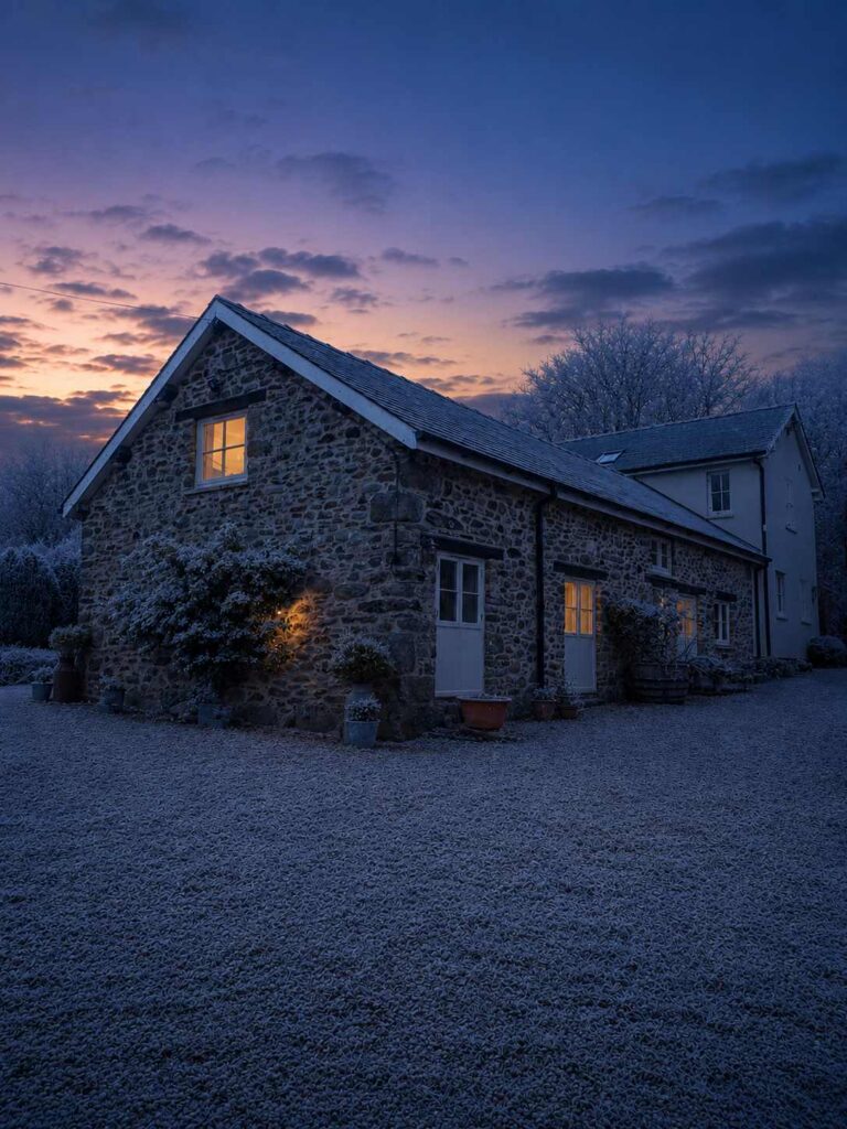 frosty mid wales farm cottage winter dusk
