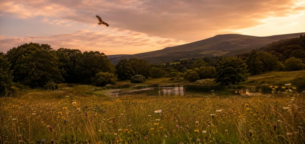 A red kite flying over a wildflower meadow with a wildlife pond and woodland in the background, Mid Wales.