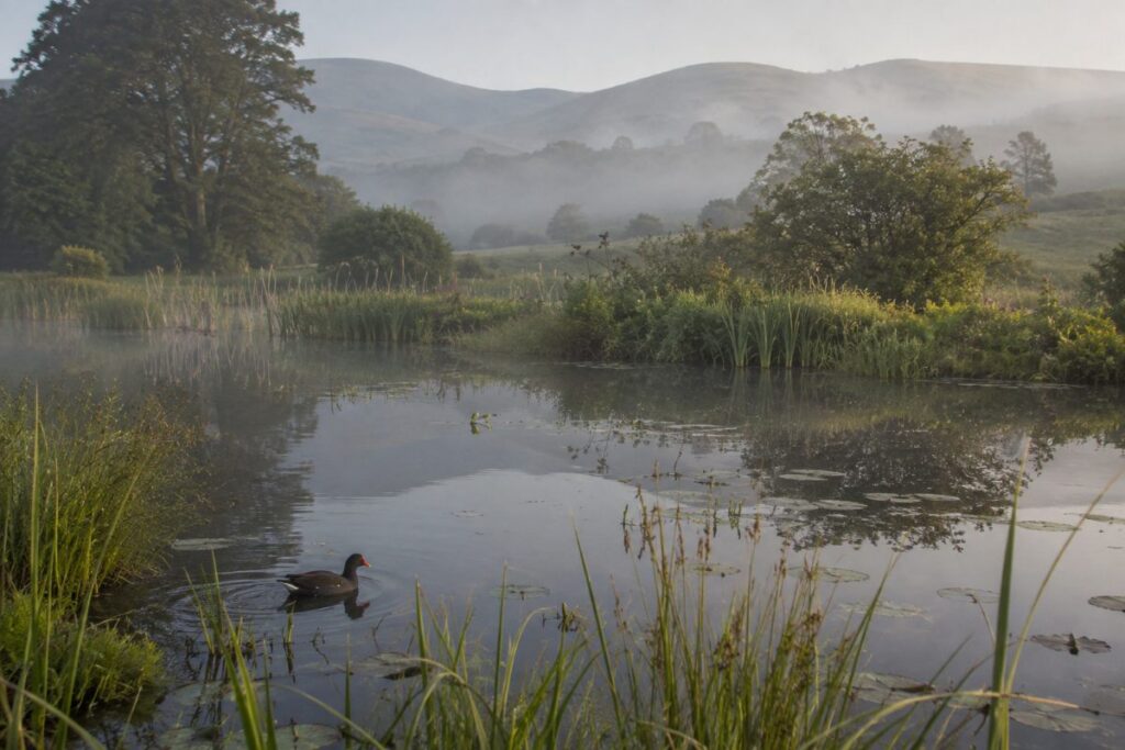 mid wales farm pond moorhen reeds