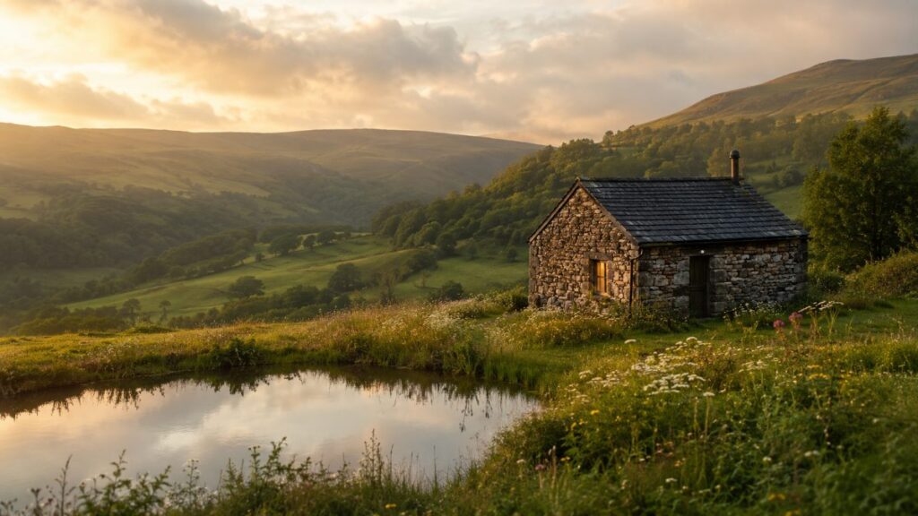 Remote stone cottage in the Cambrian Mountains, Mid Wales, at dusk