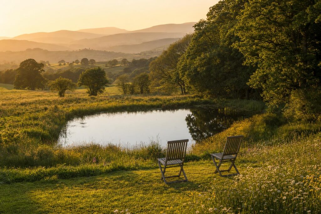 A wildlife pond on a Mid Wales conservation farm at golden hour, with wildflower meadow, pasture and the Cambrian foothills beyond.