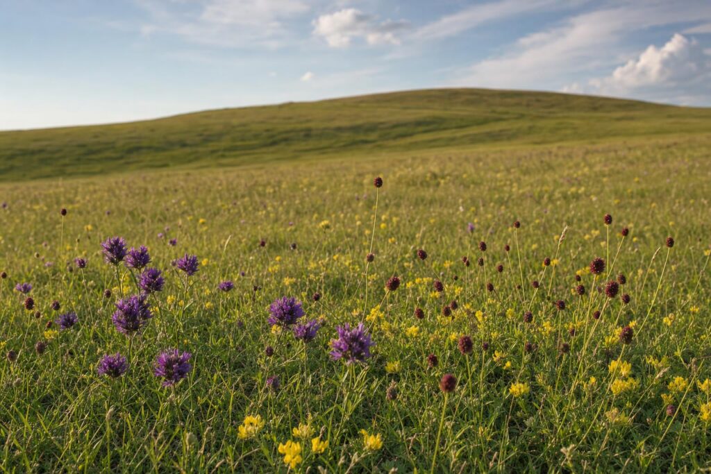 A chalk grassland meadow on the North Wessex Downs in Berkshire with purple horseshoe vetch and clustered bellflower flowering among short turf, with rolling downland behind.