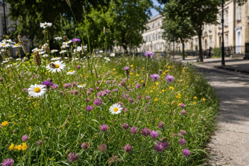 An urban wildflower meadow verge in Bristol with ox-eye daisies, red clover and knapweed