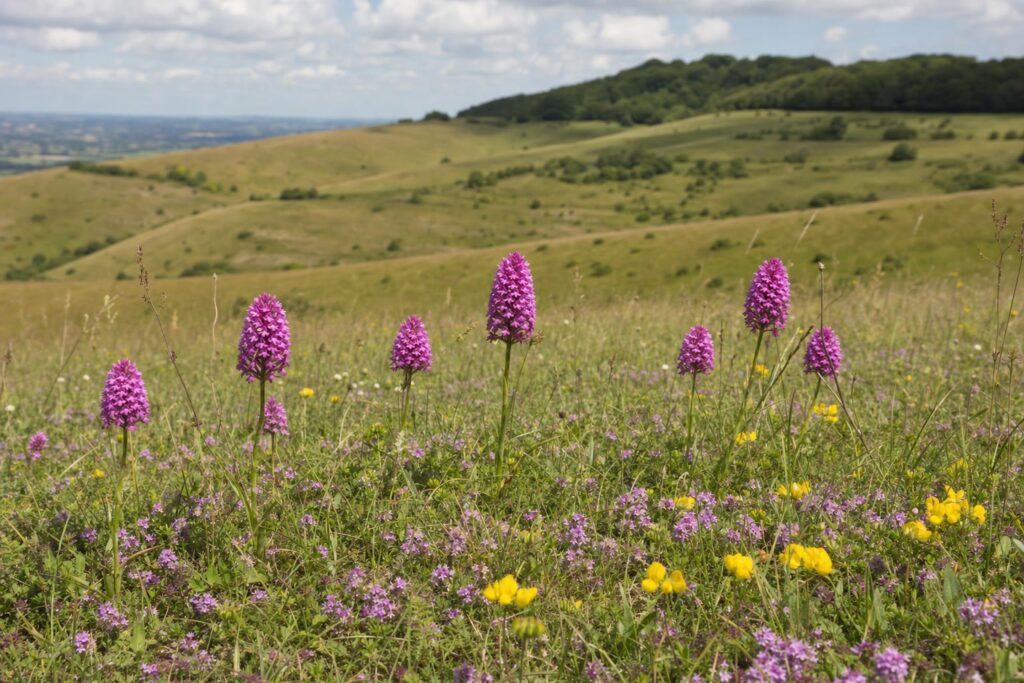 A Chiltern chalk grassland meadow in Buckinghamshire with pink pyramidal orchids and purple horseshoe vetch flowering in short turf, with beech-topped hills behind.
