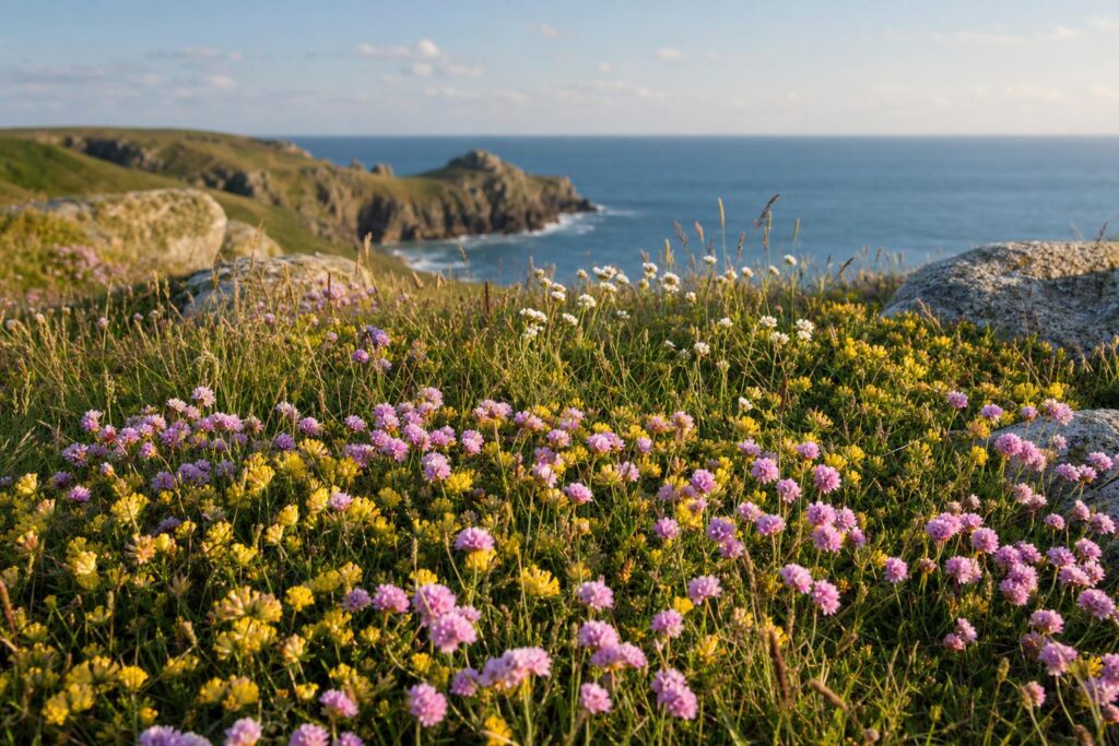 A wildflower-rich clifftop meadow on the Cornish coast, with pink sea thrift and yellow kidney vetch flowering among fine grasses above granite cliffs and the Atlantic Ocean.
