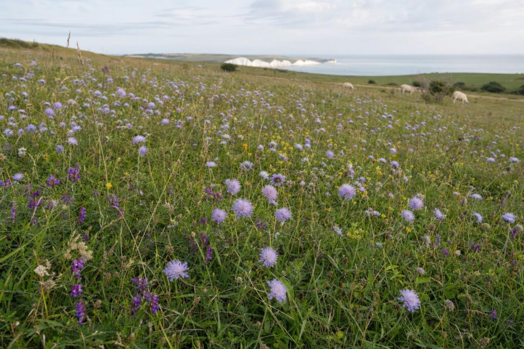 South Downs coastal chalk grassland meadow in East Sussex with wildflowers and grazing sheep