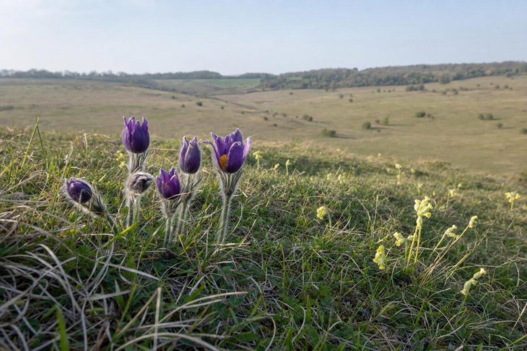 Purple pasque flowers blooming on a Hertfordshire chalk grassland bank in spring, with short downland turf and a wooded skyline behind.