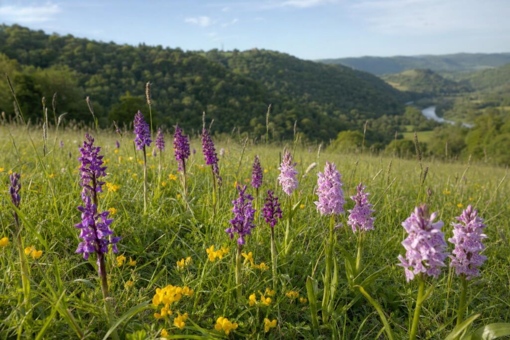 A traditional neutral grassland meadow in the Wye Valley in Monmouthshire with green-winged orchids and common spotted orchids flowering in short grass, with wooded valley slopes behind.