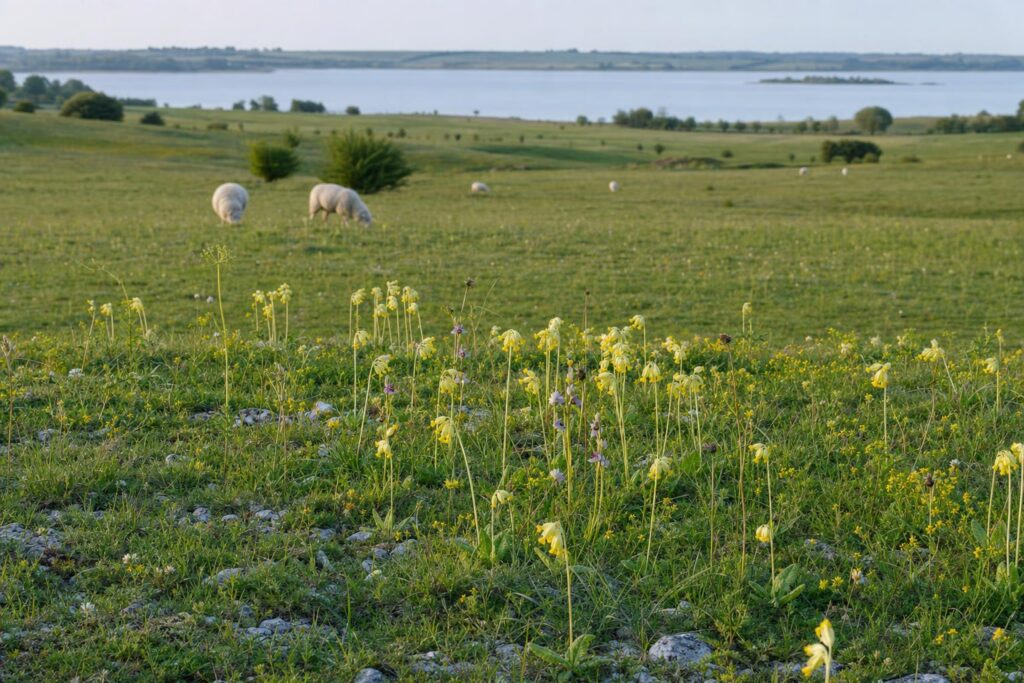 Limestone grassland meadow near Rutland Water with cowslips and grazing sheep