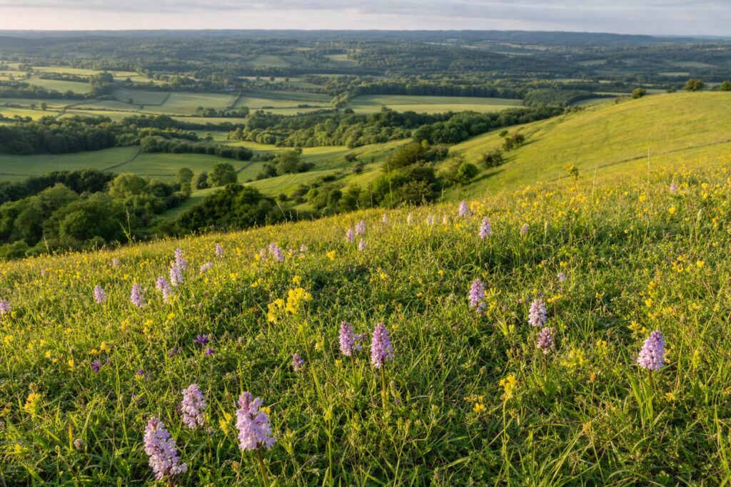 South Downs inland chalk grassland meadow in West Sussex with wild orchids