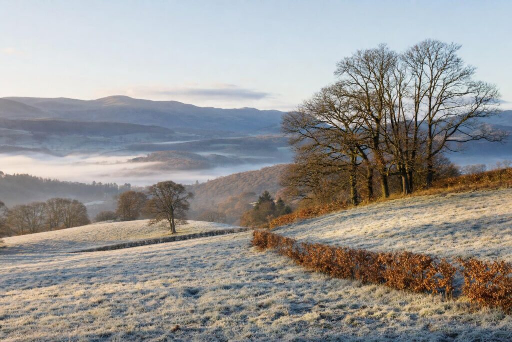 Frosty pasture and bare trees in the Cambrian foothills of Mid Wales under low winter sunlight.