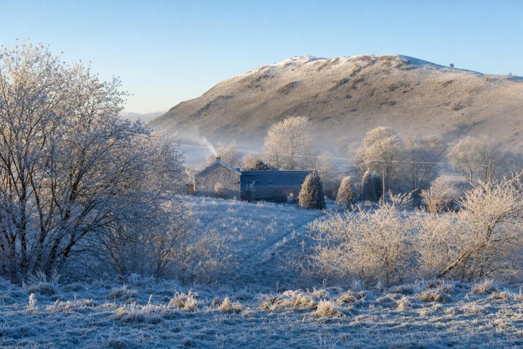 A stone farmhouse below a frosted hill in Mid Wales on a clear winter morning, with woodsmoke rising from the chimney.